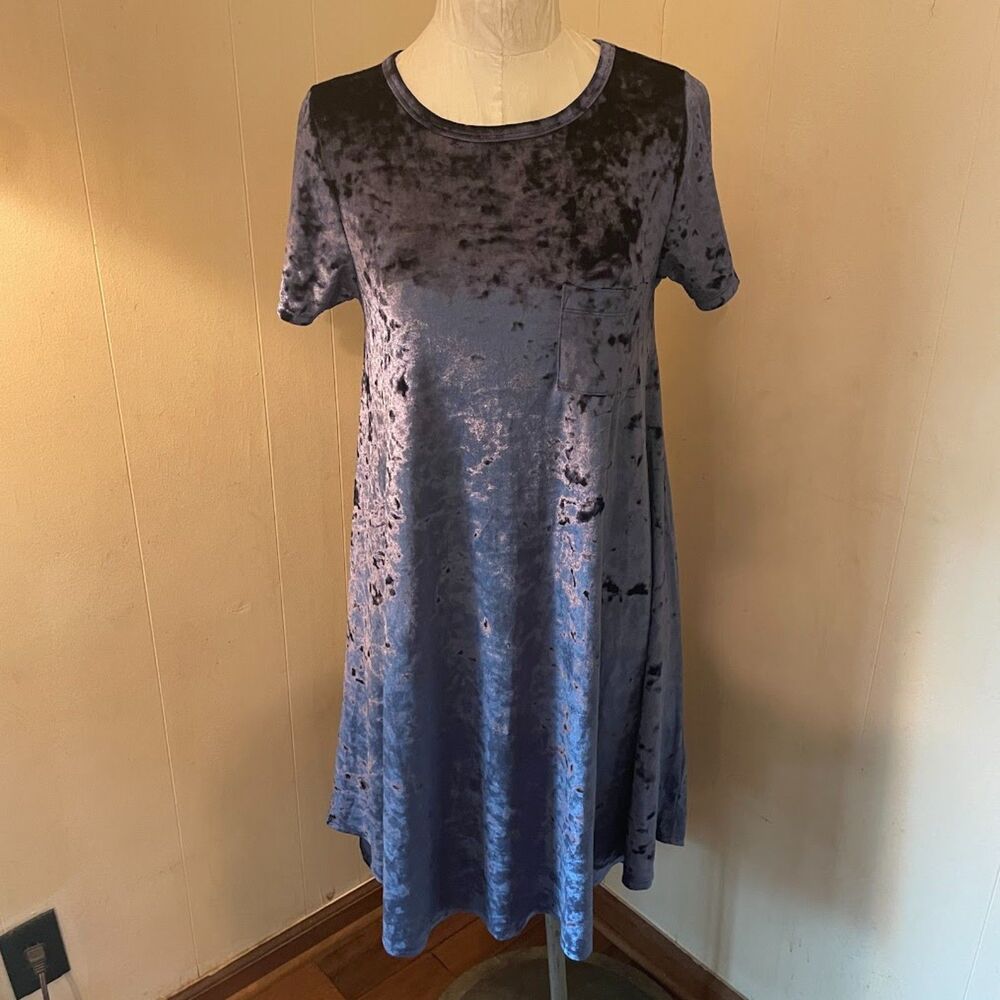 LULAROE CARLY DRESS Crushed Velvet Velour Blue S